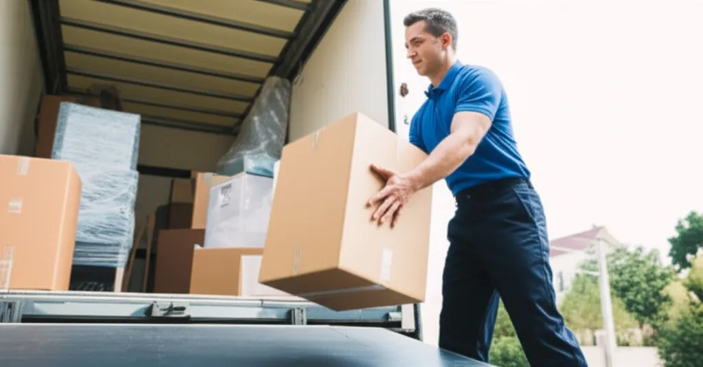 Illustration of careful handling of household goods during international relocation.